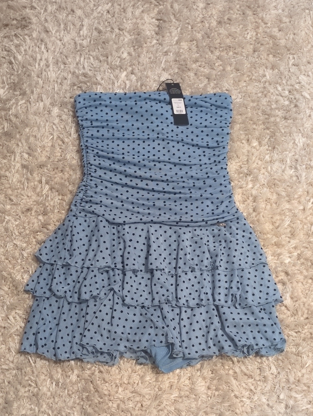 Light Blue Polka Dot Strapless Ruffle Romper. New ! Built In Shorts ! 💙